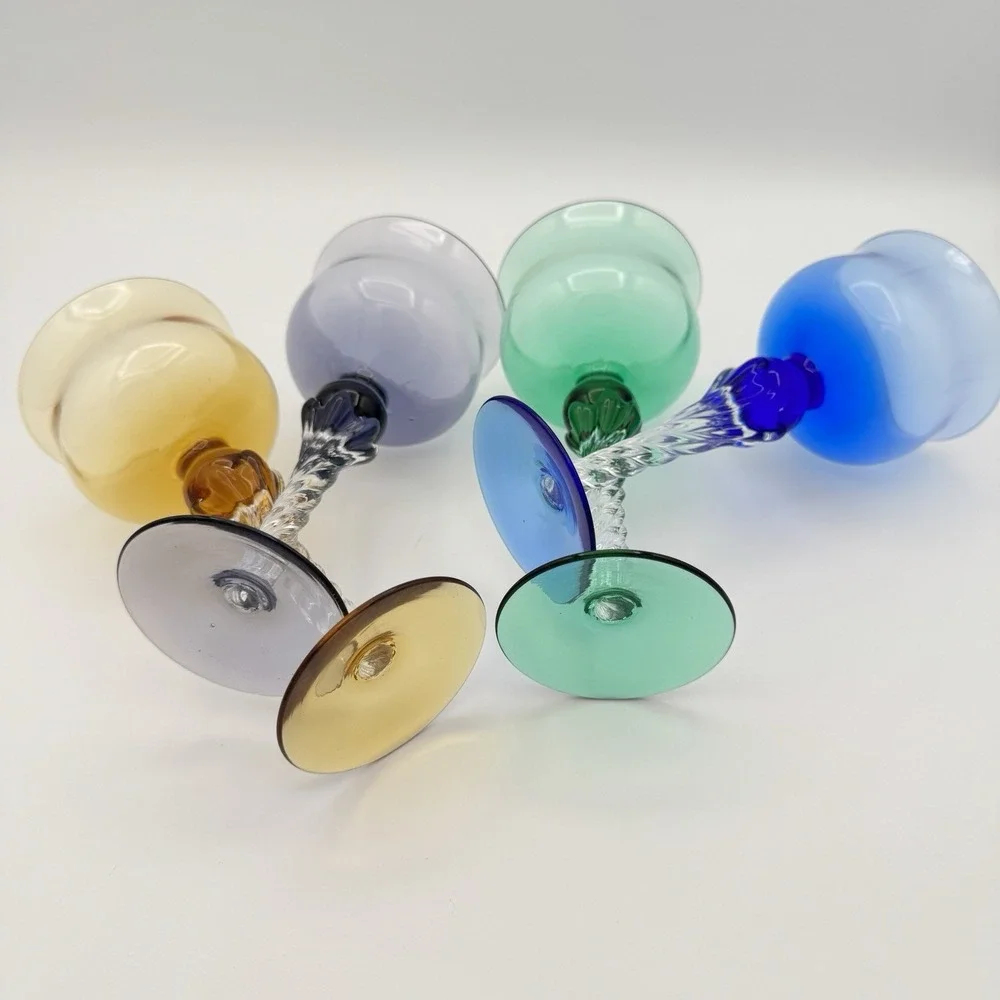 Vintage Hand Blown Colored Wine Goblets Set of 4 Twisted Clear Stem Art Glass